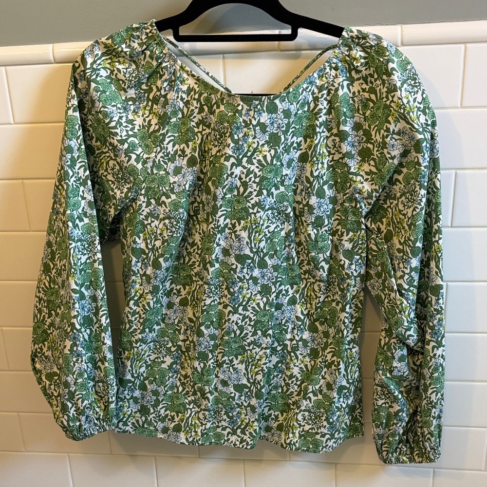 J Crew Green Floral Long-Sleeve Women's Top, open back, size 8
